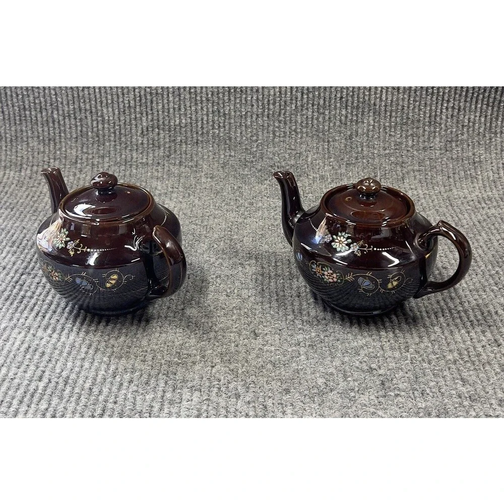 Redware Teapots Dark Brown HandPainted  Moriage Enamel Floral Japan Set Of 2 VTG